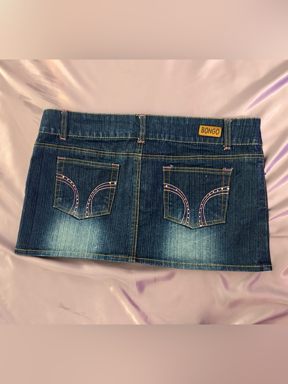 Y2K McBling Bongo Dark Wash Denim Micro Mini Skirt Rhinestone Pink Detail Sz 9